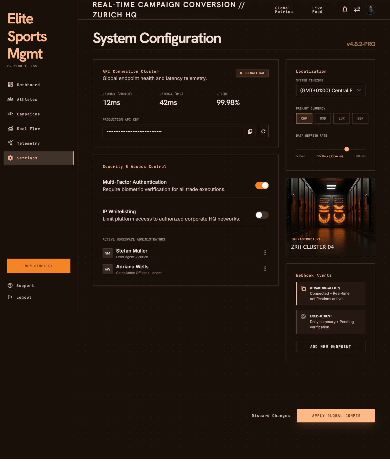 Basketball Sponsor Hub System Settings screenshot