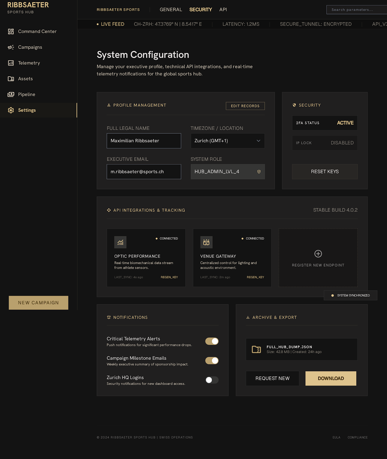 Boxing Sponsor Hub System Settings screenshot