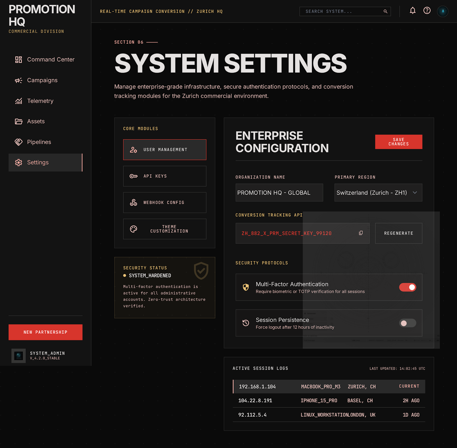 Commercial Sponsor Hub System Settings screenshot