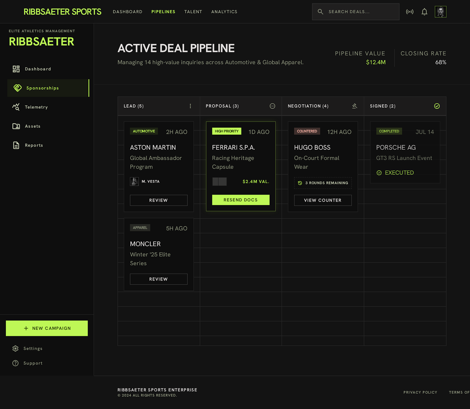Tennis Sponsor Hub Deal Pipeline screenshot