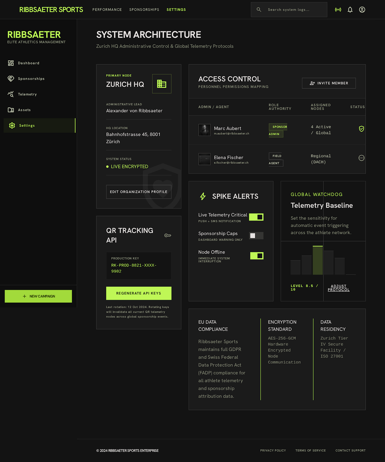 Tennis Sponsor Hub System Settings screenshot
